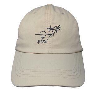 Relax Slideback Hat Tan One Size Adjustable Graphic Print Vented Holes 6 Panel